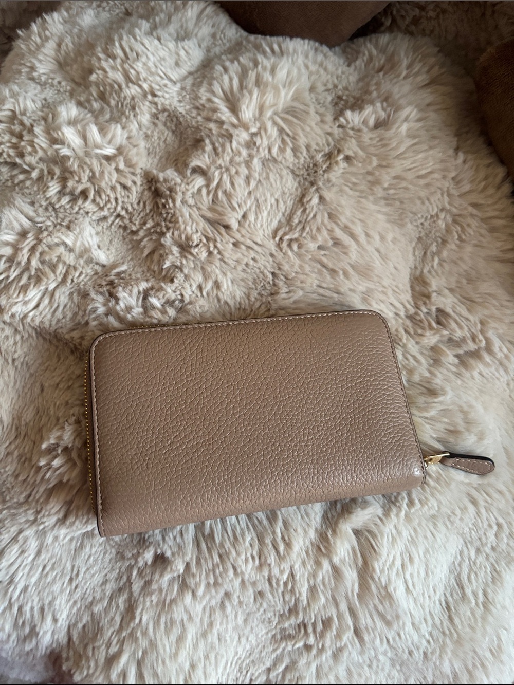 Coach Pebbled Zip Wallet - Taupe Beige with Gold Logo - Picture 2 of 3